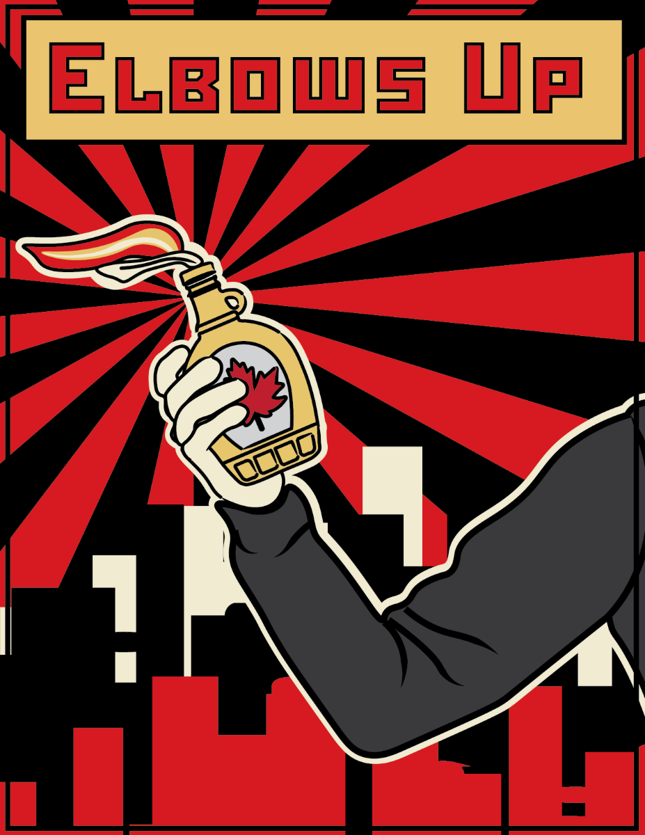 arm throwing bottle with caption elsbows up